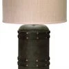 Table Lamps Jamie Young Barrel Table Lamp In Vintage Leather With Classic Drum Shade In Elephant Hemp