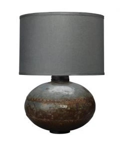 Jamie Young Caisson Table Lamp In Gun Metal With Classic Drum Shade In Fatigue Linen