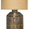 Jamie Young Caisson Table Lamp, Extra Large In Gun Metal With Large Drum Shade In Natural Burlap 2 Jamie Young Caisson Table Lamp, Extra Large In Gun Metal With Large Drum Shade In Natural Burlap
