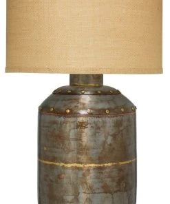Jamie Young Caisson Table Lamp, Extra Large In Gun Metal With Large Drum Shade In Natural Burlap