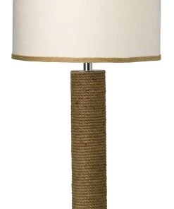 Jamie Young Cylinder Rope Table Lamp In Jute With Medium Drum Shade In White Linen With Natural Burlap Trim
