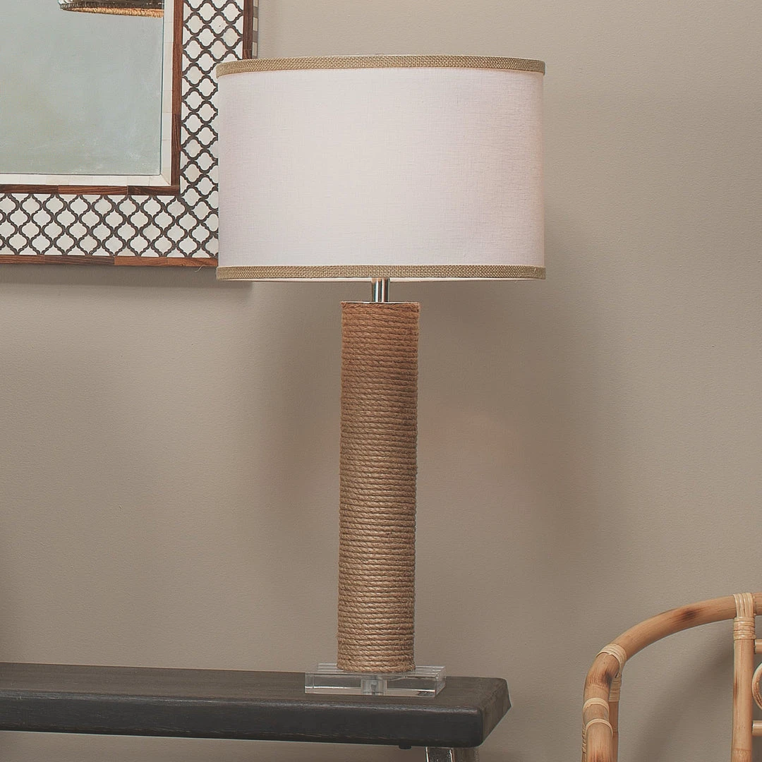 Jamie Young Cylinder Rope Table Lamp In Jute With Medium Drum Shade In White Linen With Natural Burlap Trim 5 Jamie Young Cylinder Rope Table Lamp In Jute With Medium Drum Shade In White Linen With Natural Burlap Trim