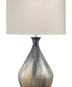 Jamie Young Daybreak Table Lamp In Grey Enameled Metal With Drum Shade In Stone Linen Table Lamps