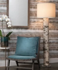 Jamie Young Forrester Floor Lamp In Birch Veneer With Drum Shade In Stone Linen