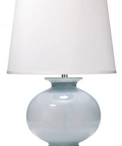 Jamie Young Heirloom Table Lamp In Cornflower Blue Glass With Large Open Cone Shade In White Linen