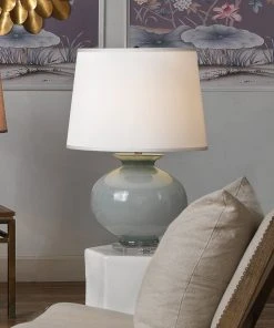 Jamie Young Heirloom Table Lamp In Cornflower Blue Glass With Large Open Cone Shade In White Linen