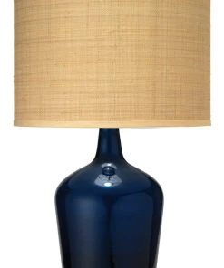Jamie Young Plum Jar Table Lamp, Medium In Navy Blue Glass With Classic Drum Shade In Raffia