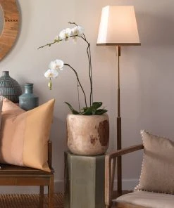 Jamie Young Jud Floor Lamp In Antique Brass With Large Square Open Cone Shade In White Linen Floor Lamps
