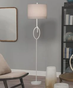 Jamie Young Knot Floor Lamp In White Gesso With Wide Oval Shade In Off White Linen