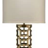 Jamie Young Labyrinth Table Lamp In Antique Brass Metal With Large Drum Shade In Sea Salt Linen