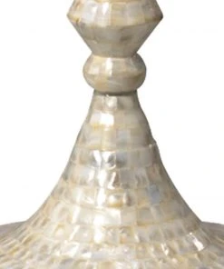 Jamie Young Ornate Pillar Floor Lamp In Mother Of Pearl With Large Open Cone Shade In White Silk Floor Lamps
