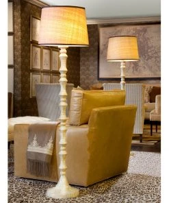 Jamie Young Ornate Pillar Floor Lamp In Mother Of Pearl With Large Open Cone Shade In White Silk Floor Lamps