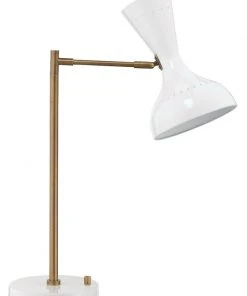 Jamie Young Pisa Swing Arm Table Lamp In White Lacquer & Antique Brass Metal Table Lamps