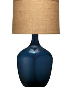 Jamie Young Plum Jar Table Lamp, Extra Large In Navy Blue Glass With Large Drum Shade In Natural Burlap Table Lamps