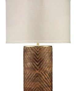 Jamie Young Refinery Table Lamp In Hand Carved Wood & Matte Brass Metal With Classic Drum Shade In Stone Linen