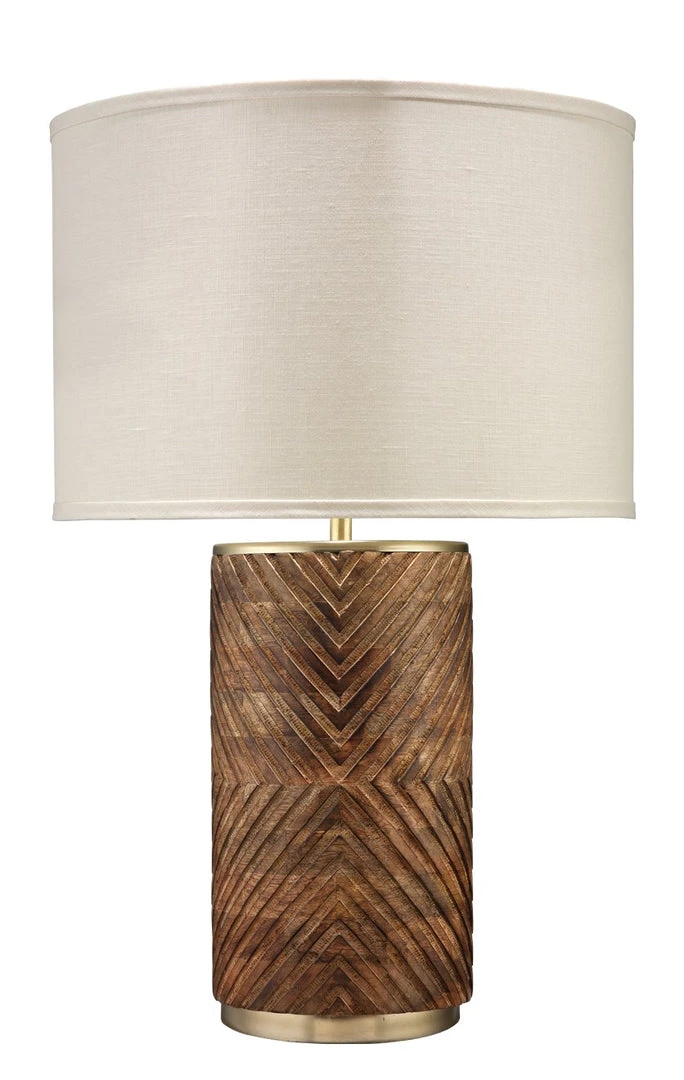 Jamie Young Refinery Table Lamp In Hand Carved Wood & Matte Brass Metal With Classic Drum Shade In Stone Linen 3 Jamie Young Refinery Table Lamp In Hand Carved Wood & Matte Brass Metal With Classic Drum Shade In Stone Linen