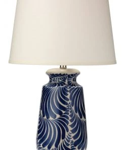 Jamie Young Santa Barbara Table Lamp In Blue And White Ceramic With Classic Open Cone Shade In Sea Salt Linen Table Lamps
