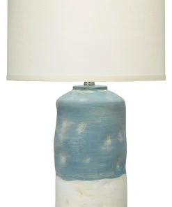 Jamie Young Sedona Table Lamp In Blue And White Ceramic With Medium Drum Shade In Sea Salt Linen