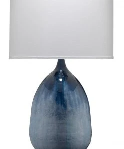 Jamie Young Twilight Table Lamp In Blue Ombre Enameled Metal With Drum Shade In White Linen Table Lamps