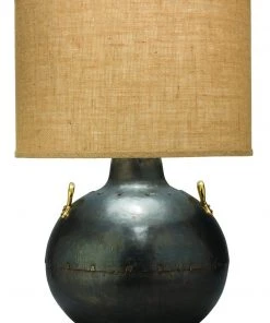 Table Lamps Jamie Young Two Handled Kettle Table Lamp In Iron With Classic Drum Shade In Natural Burlap