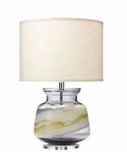 Jamie Young Ursula Table Lamp In Blue Swirl With Classic Drum Shade In Sea Salt Linen Table Lamps