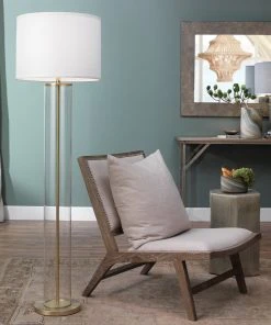 Jamie Young Vanderbilt Floor Lamp In Brass With Large Drum Shade In White Linen