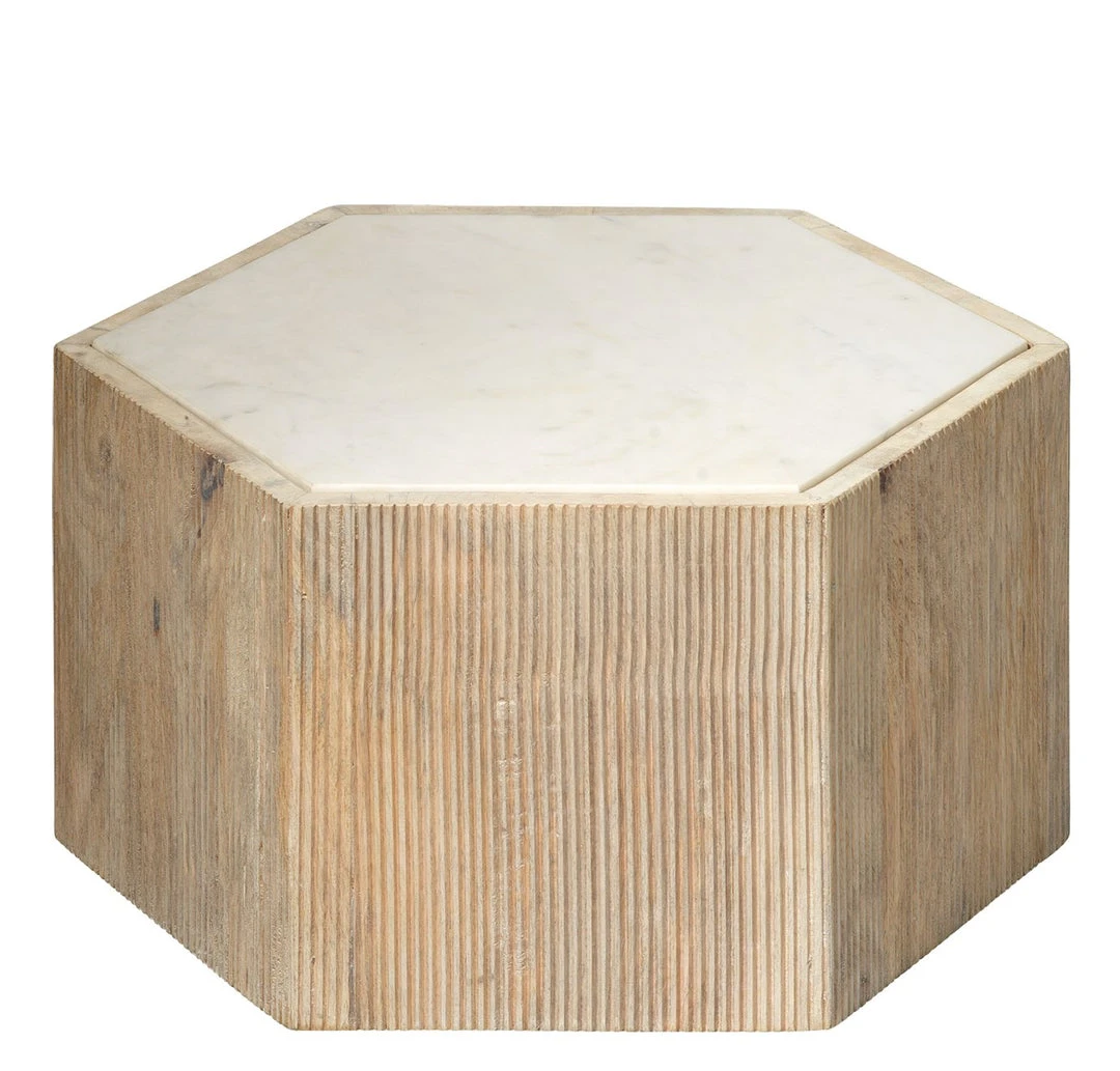 LIVING ROOM Jamie Young Small Argan Hexagon Table In Natural Wood & White Marble 3 LIVING ROOM Jamie Young Small Argan Hexagon Table In Natural Wood & White Marble