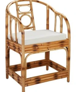 Jamie Young Malacca Round Back Arm Chair In Burnt Tortoiseshell Rattan With Off White Cushion LIVING ROOM