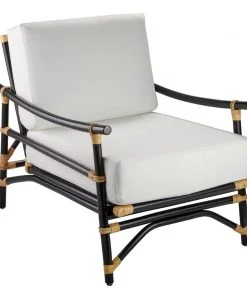 Jamie Young Xanadu Lounge Chair In Black & Cream Rattan With Off White Cushions LIVING ROOM