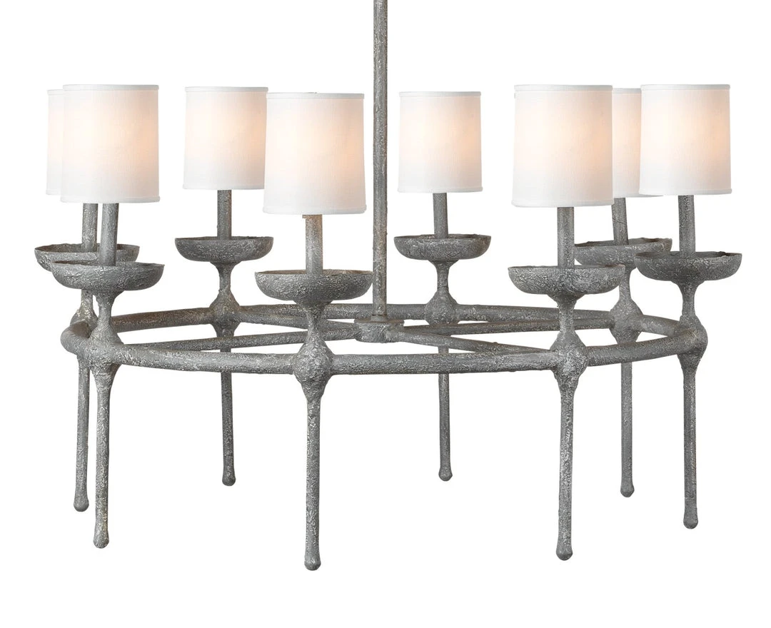 Jamie Young Concord 8 Light Chandelier In Grey Plaster W/ White Linen Shades 4 Jamie Young Concord 8 Light Chandelier In Grey Plaster W/ White Linen Shades