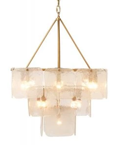 Jamie Young Perignon Three Tier Chandelier In Melted Ice Glass And Antique Brass