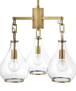 Jamie Young Tear Drop Three Arm Chandelier In Clear Glass & Soft Antique Brass All Lighting