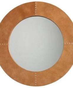 Jamie Young Round Cross Stitch Mirror In Buff Leather