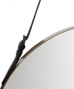 Jamie Young Large Round Mirror In Antique Brass & Black Leather Strap