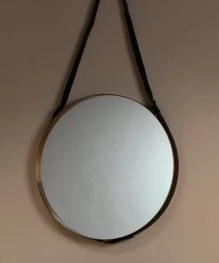 Jamie Young Large Round Mirror In Antique Brass & Black Leather Strap