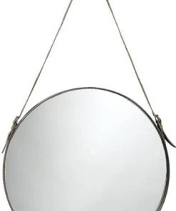 Jamie Young Large Round Mirror In Antique Silver & Grey Hide Strap DECOR