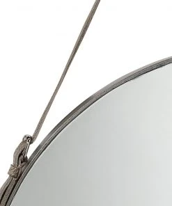 Jamie Young Large Round Mirror In Antique Silver & Grey Hide Strap DECOR