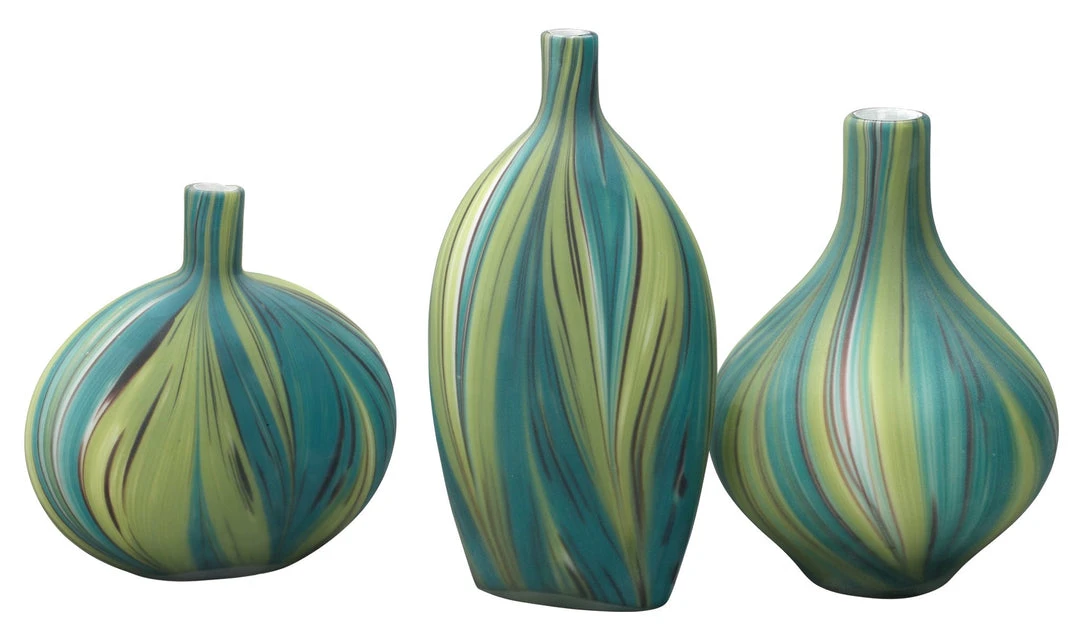 DECOR Jamie Young Stream Vessels In Green & Blue Striped Glass (set Of 3) 3 DECOR Jamie Young Stream Vessels In Green & Blue Striped Glass (set Of 3)