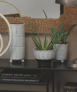 Jamie Young Striae Vessels In Cream & Dark Grey Ceramic (Set Of 3)