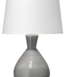 Jamie Young Ash Table Lamp In Grey Ceramic With Large Cone Shade In White Linen Table Lamps
