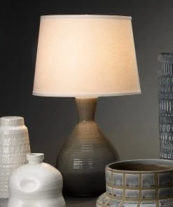 Jamie Young Ash Table Lamp In Grey Ceramic With Large Cone Shade In White Linen Table Lamps