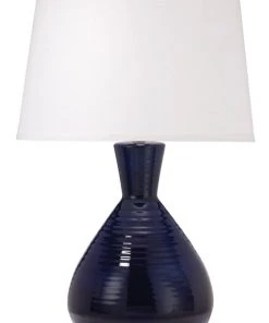 Jamie Young Ash Table Lamp In Navy Ceramic With Large Cone Shade In White Linen