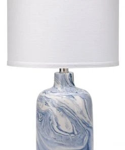 Jamie Young Atmosphere Table Lamp In Blue & White Ceramic Swirl With Small Drum Shade In White Linen Table Lamps