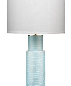 Jamie Young Atwater Table Lamp In Sky Blue Glass With Classic Drum Shade In White Linen