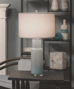 Jamie Young Atwater Table Lamp In Sky Blue Glass With Classic Drum Shade In White Linen 7 Jamie Young Atwater Table Lamp In Sky Blue Glass With Classic Drum Shade In White Linen
