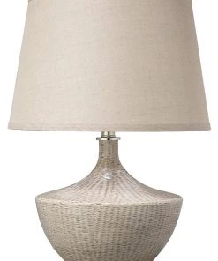 Jamie Young Basketweave Table Lamp In Off White Ceramic With Medium Open Cone Shade In Natural Linen