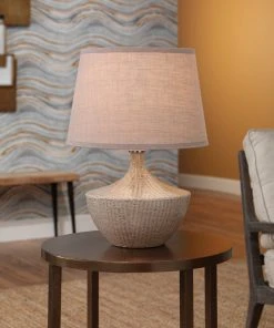 Jamie Young Basketweave Table Lamp In Off White Ceramic With Medium Open Cone Shade In Natural Linen