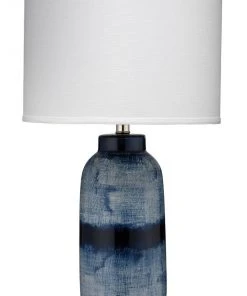 Jamie Young Large Batik Table Lamp In Indigo Ceramic With Medium Drum Shade In White Linen Table Lamps