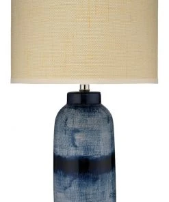 Table Lamps Jamie Young Large Batik Table Lamp In Indigo Ceramic With Medium Drum Shade In Raffia
