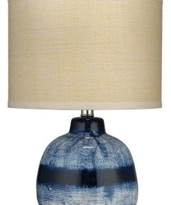 Jamie Young Small Batik Table Lamp In Indigo Ceramic With Small Drum Shade In Raffia Table Lamps